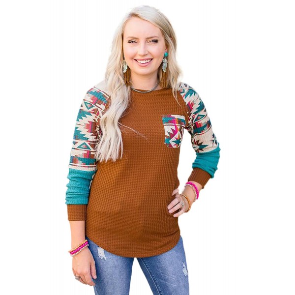 Aztec Print Raglan Long Sleeve Waffle Knit Blouse