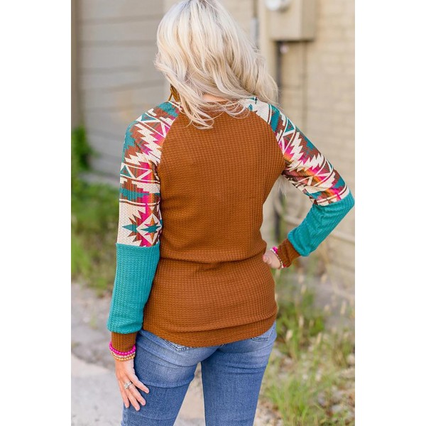 Aztec Print Raglan Long Sleeve Waffle Knit Blouse