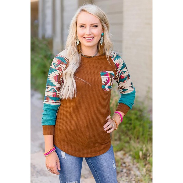 Aztec Print Raglan Long Sleeve Waffle Knit Blouse