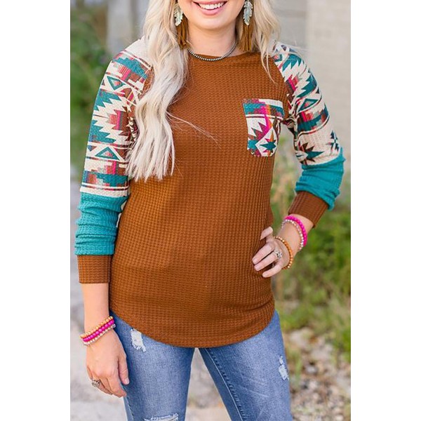 Aztec Print Raglan Long Sleeve Waffle Knit Blouse
