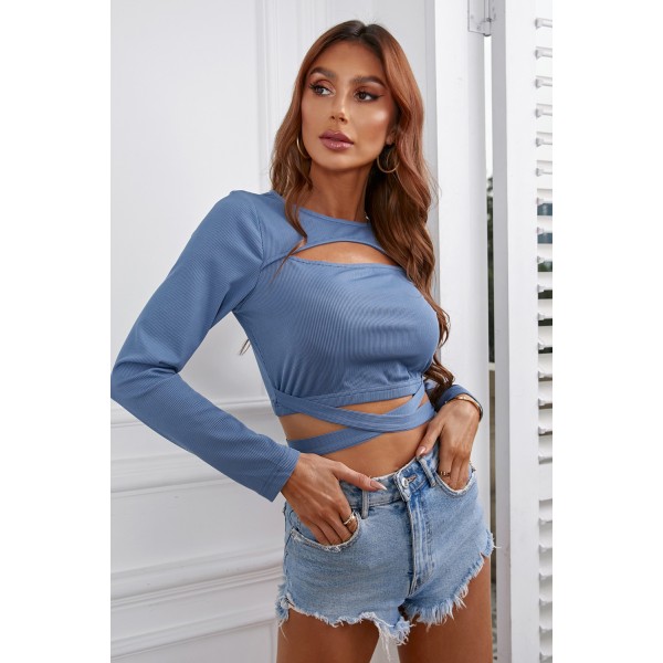 Blue Hollow-out Criss Cross Slim-fit Crop Top
