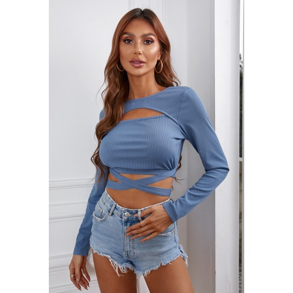 Blue Hollow-out Criss Cross Slim-fit Crop Top