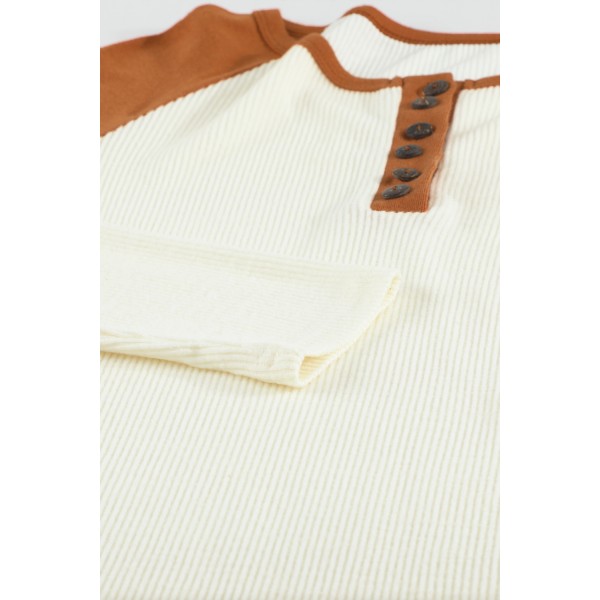Colorblock Ribbed Buttons Long Sleeve Top