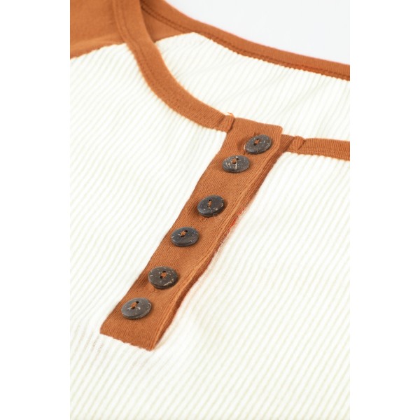 Colorblock Ribbed Buttons Long Sleeve Top