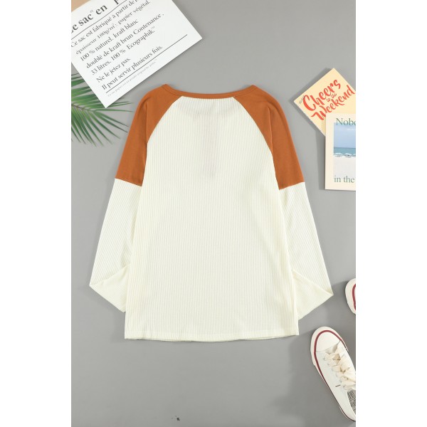 Colorblock Ribbed Buttons Long Sleeve Top
