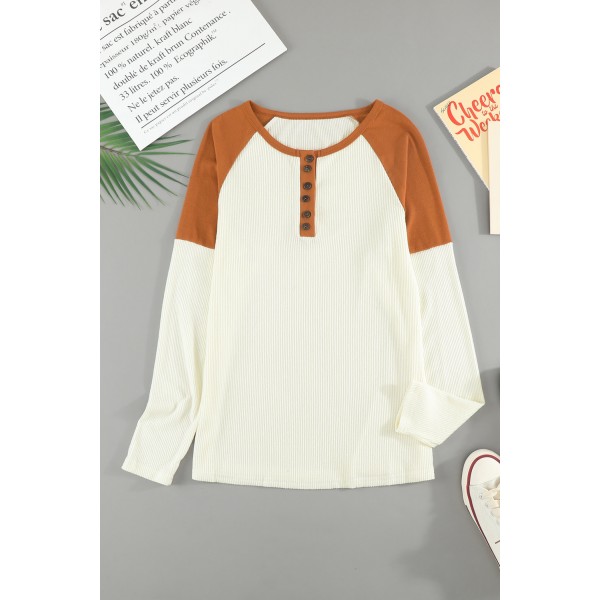 Colorblock Ribbed Buttons Long Sleeve Top