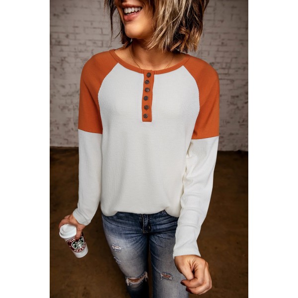 Colorblock Ribbed Buttons Long Sleeve Top