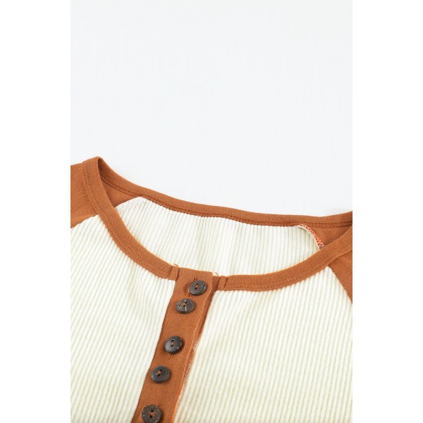 Colorblock Ribbed Buttons Long Sleeve Top