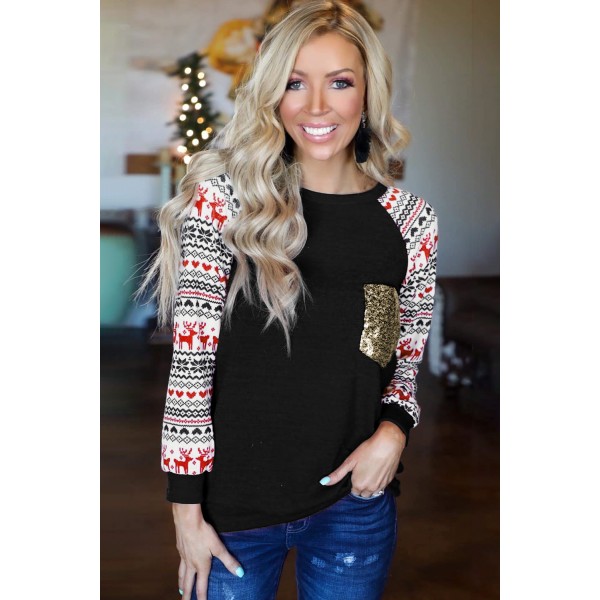 Black Christmas Print Sleeve Sequin Pocket RaglanTop