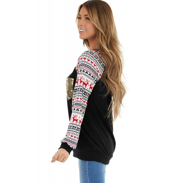 Black Christmas Print Sleeve Sequin Pocket RaglanTop