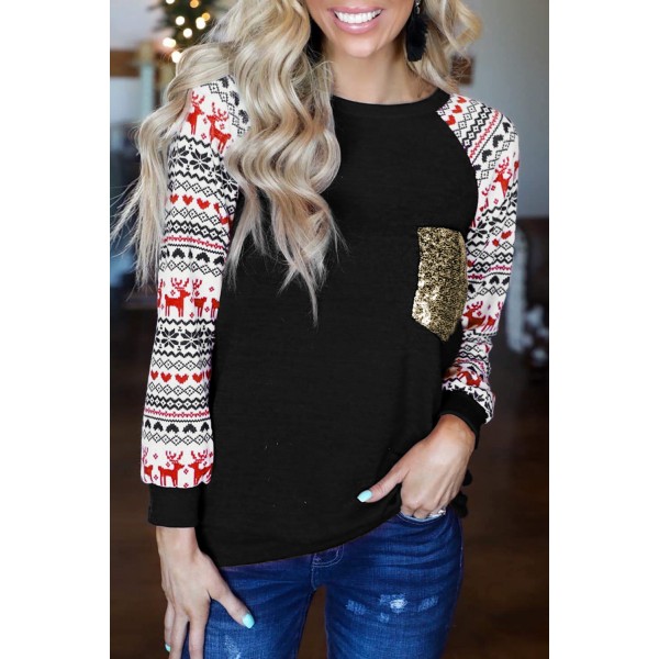 Black Christmas Print Sleeve Sequin Pocket RaglanTop