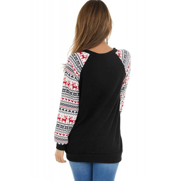 Black Christmas Print Sleeve Sequin Pocket RaglanTop