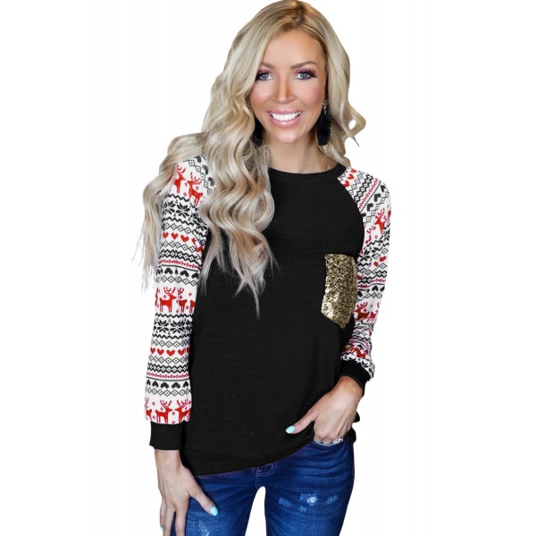 Black Christmas Print Sleeve Sequin Pocket RaglanTop