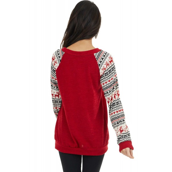 Red Christmas Print Sleeve Sequin Pocket RaglanTop