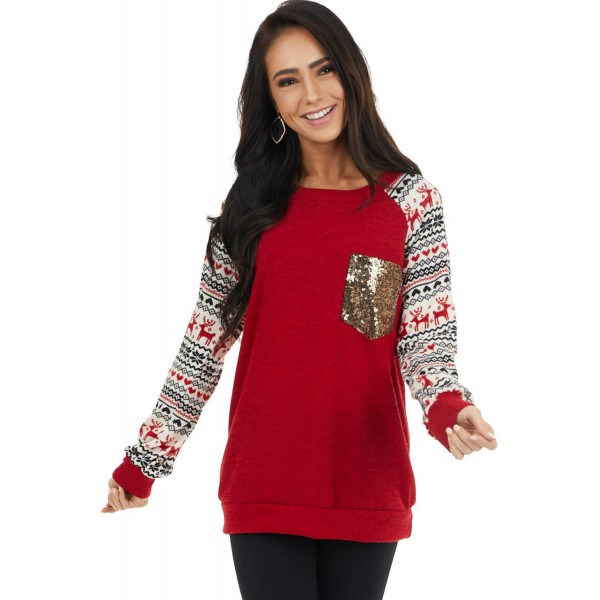 Red Christmas Print Sleeve Sequin Pocket RaglanTop
