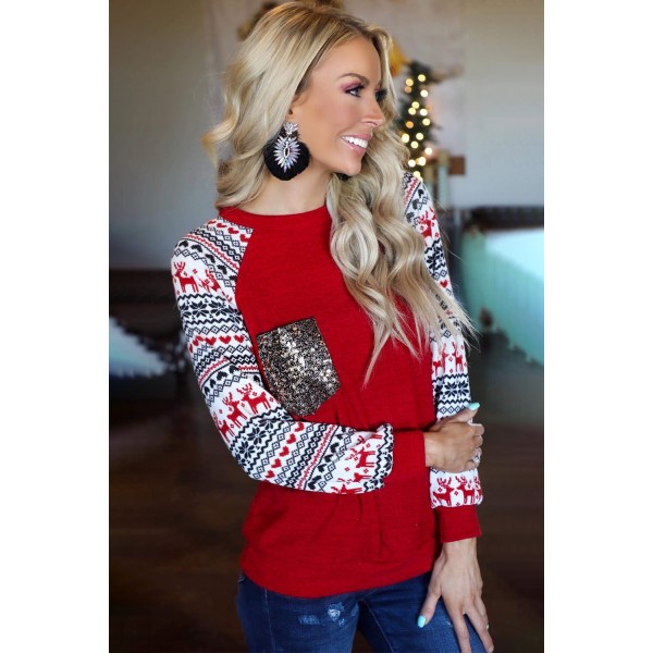 Red Christmas Print Sleeve Sequin Pocket RaglanTop