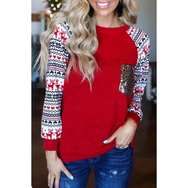 Red Christmas Print Sleeve Sequin Pocket RaglanTop