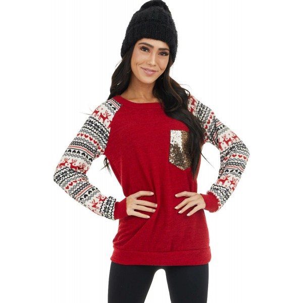 Red Christmas Print Sleeve Sequin Pocket RaglanTop