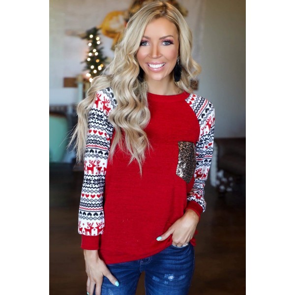 Red Christmas Print Sleeve Sequin Pocket RaglanTop