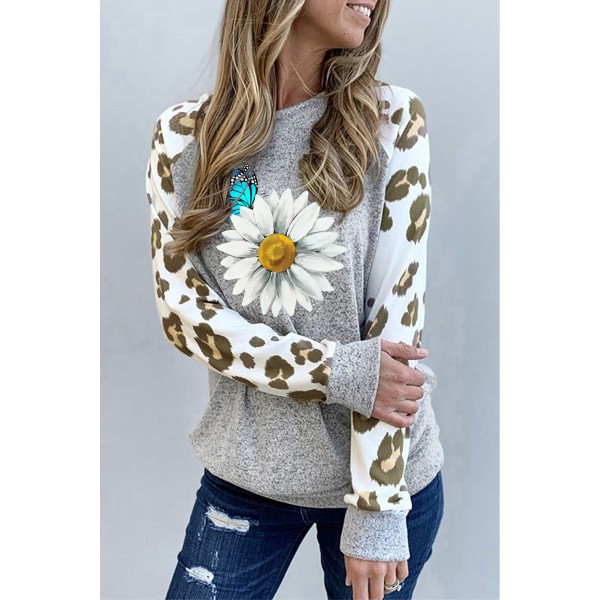 Leopard Sleeve Daisy Butterfly Graphic Long Sleeve Top