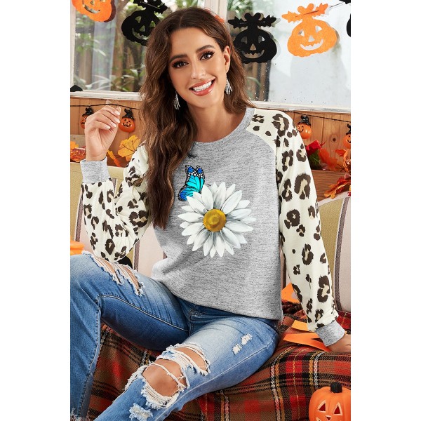 Leopard Sleeve Daisy Butterfly Graphic Long Sleeve Top