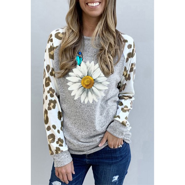 Leopard Sleeve Daisy Butterfly Graphic Long Sleeve Top