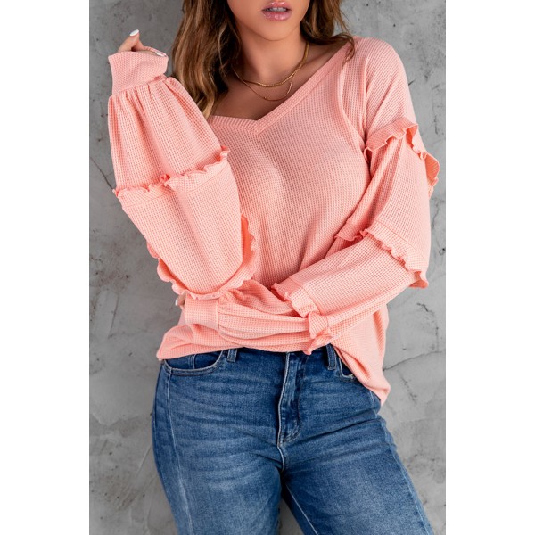Pink  Waffle Ruffled V Neck Loose Knit Top