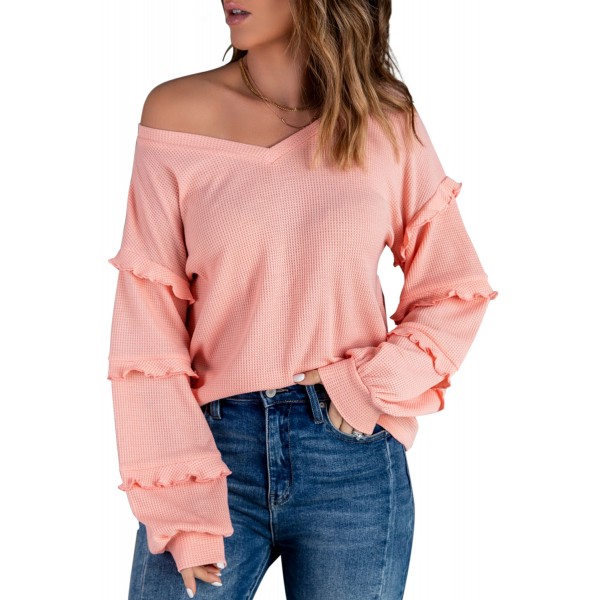 Pink  Waffle Ruffled V Neck Loose Knit Top