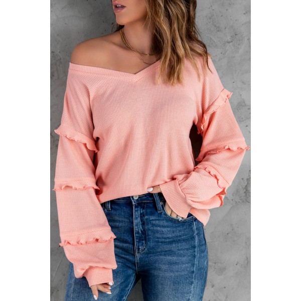 Pink  Waffle Ruffled V Neck Loose Knit Top