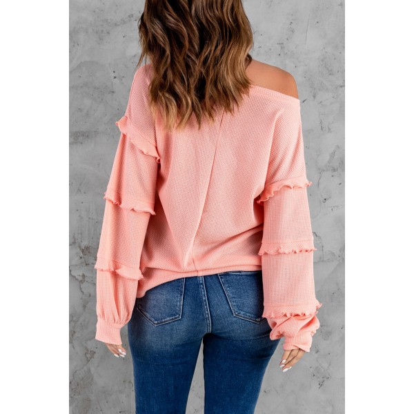 Pink  Waffle Ruffled V Neck Loose Knit Top