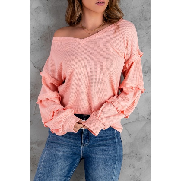 Pink  Waffle Ruffled V Neck Loose Knit Top