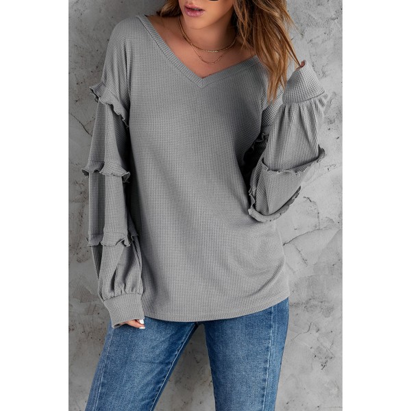 Grey Waffle Ruffled V Neck Loose Knit Top