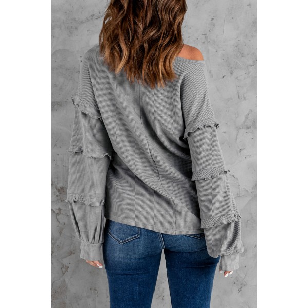 Grey Waffle Ruffled V Neck Loose Knit Top