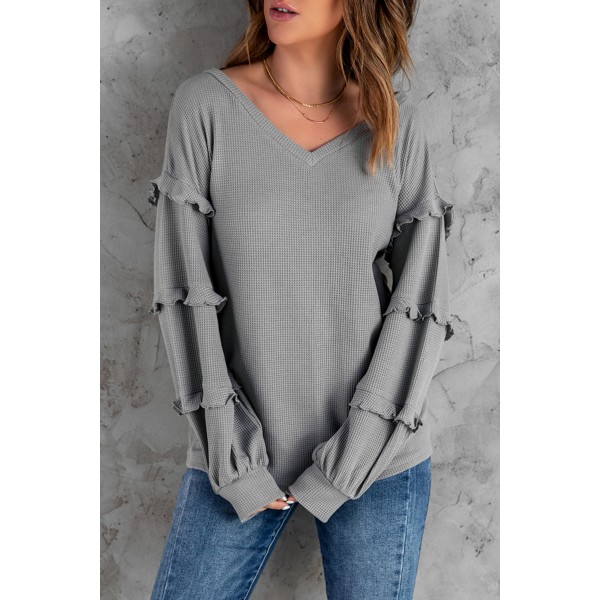 Grey Waffle Ruffled V Neck Loose Knit Top