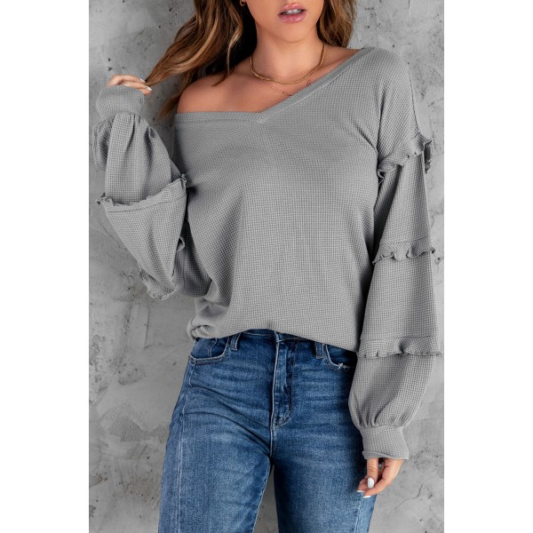 Grey Waffle Ruffled V Neck Loose Knit Top