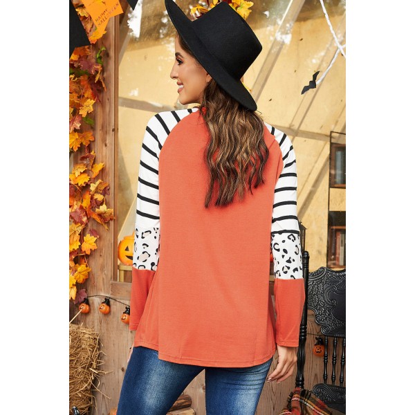 Halloween Graphic Striped Leopard Raglan Top