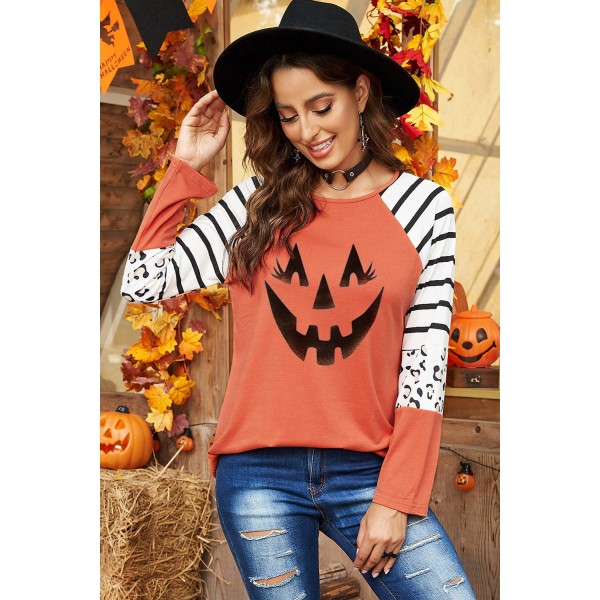 Halloween Graphic Striped Leopard Raglan Top
