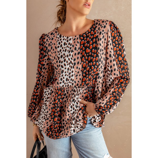 Polka Dot Print Puff Long Sleeve Babydoll Top