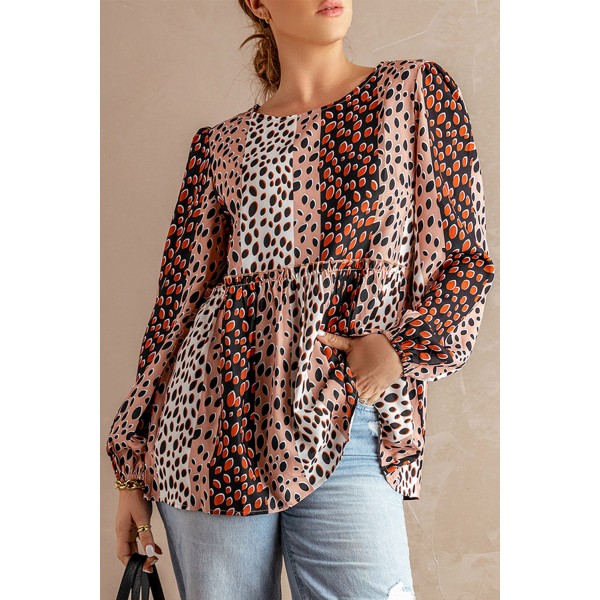 Polka Dot Print Puff Long Sleeve Babydoll Top