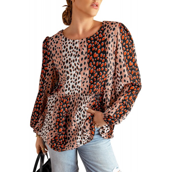 Polka Dot Print Puff Long Sleeve Babydoll Top
