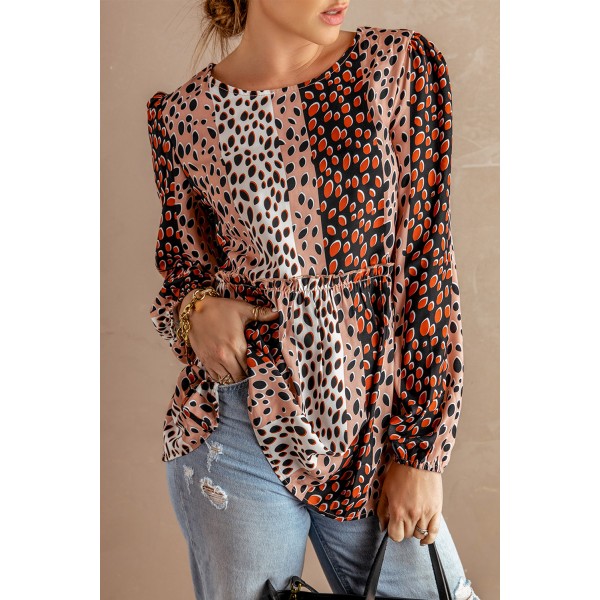 Polka Dot Print Puff Long Sleeve Babydoll Top