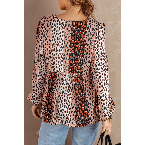 Polka Dot Print Puff Long Sleeve Babydoll Top