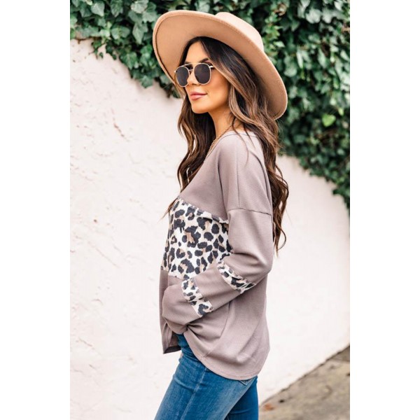 Leopard Splicing Drop-shoulder Top