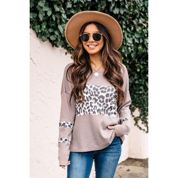 Leopard Splicing Drop-shoulder Top