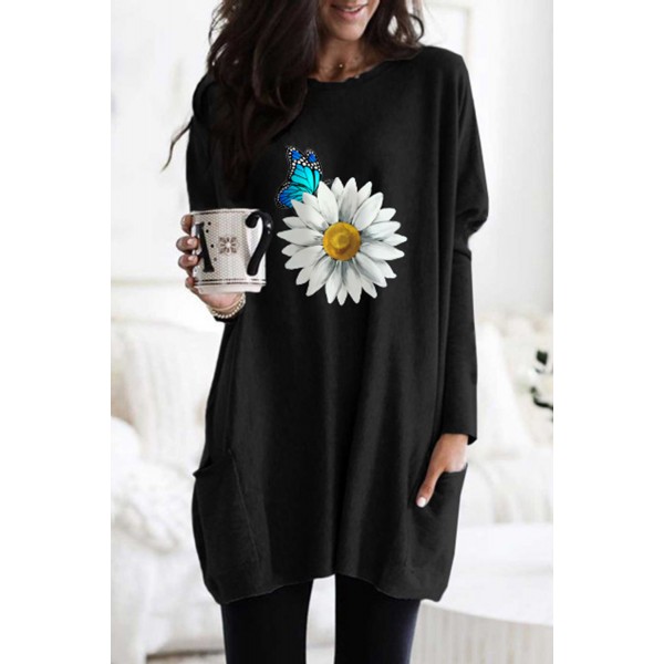 Daisy Butterfly Print Long Sleeve Tunic Top