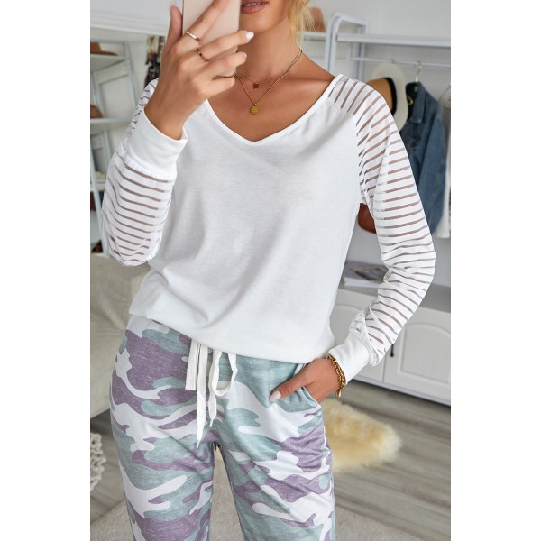 White Sheer Stripe V-Neck Top