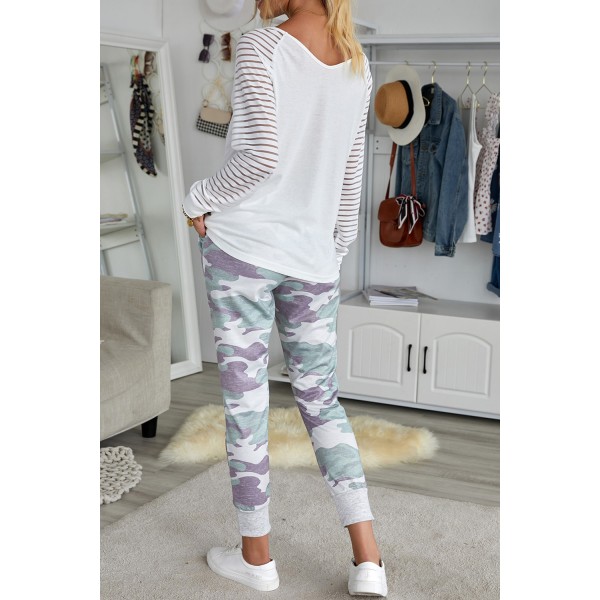 White Sheer Stripe V-Neck Top