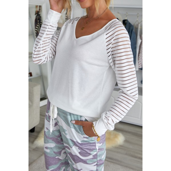 White Sheer Stripe V-Neck Top