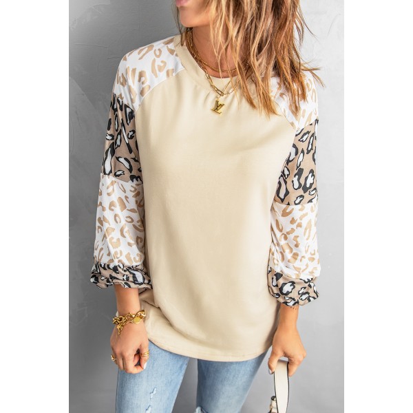 Apricot Leopard Print Bubble Sleeve Top