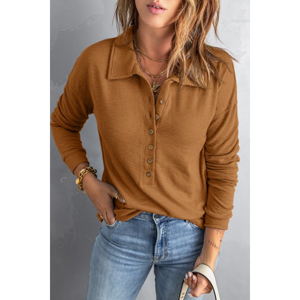 Brown Button Front Turn-down Neck Knit Top